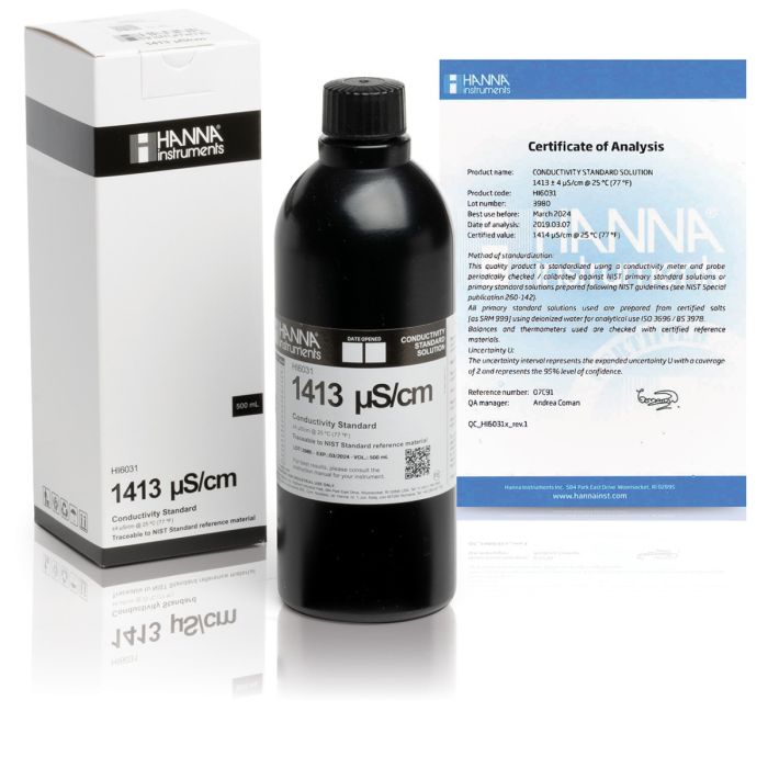 HI6031 1413µS/cm Conductivity Standard in Light Block Bottle (500mL)