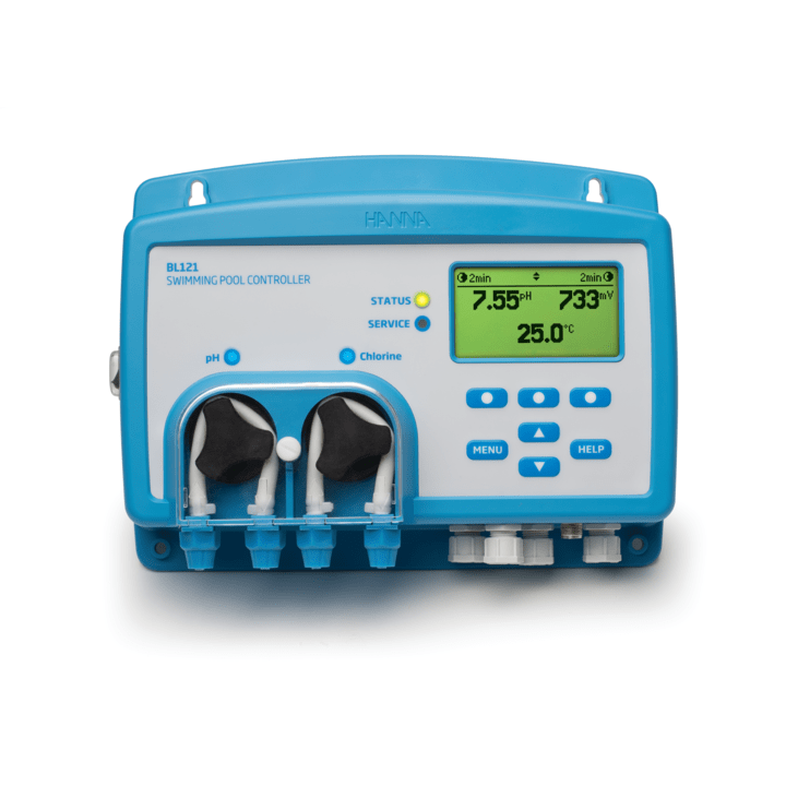 Swimming Pool Controller with Built-in Dosing Pumps,  analog outputs with Panel Mounted Flow Cell Kit – BL121-20